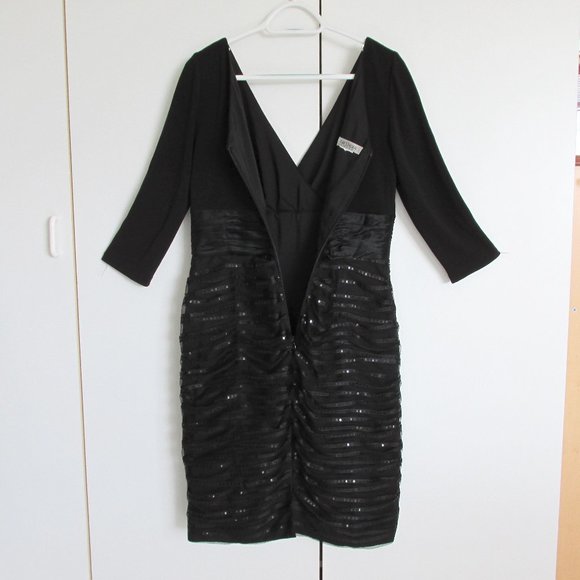Kay Unger Black Sequin Tulle Skirt Rusched Silk Midriff 3/4 Sleeve Dress No Size - Picture 6 of 13